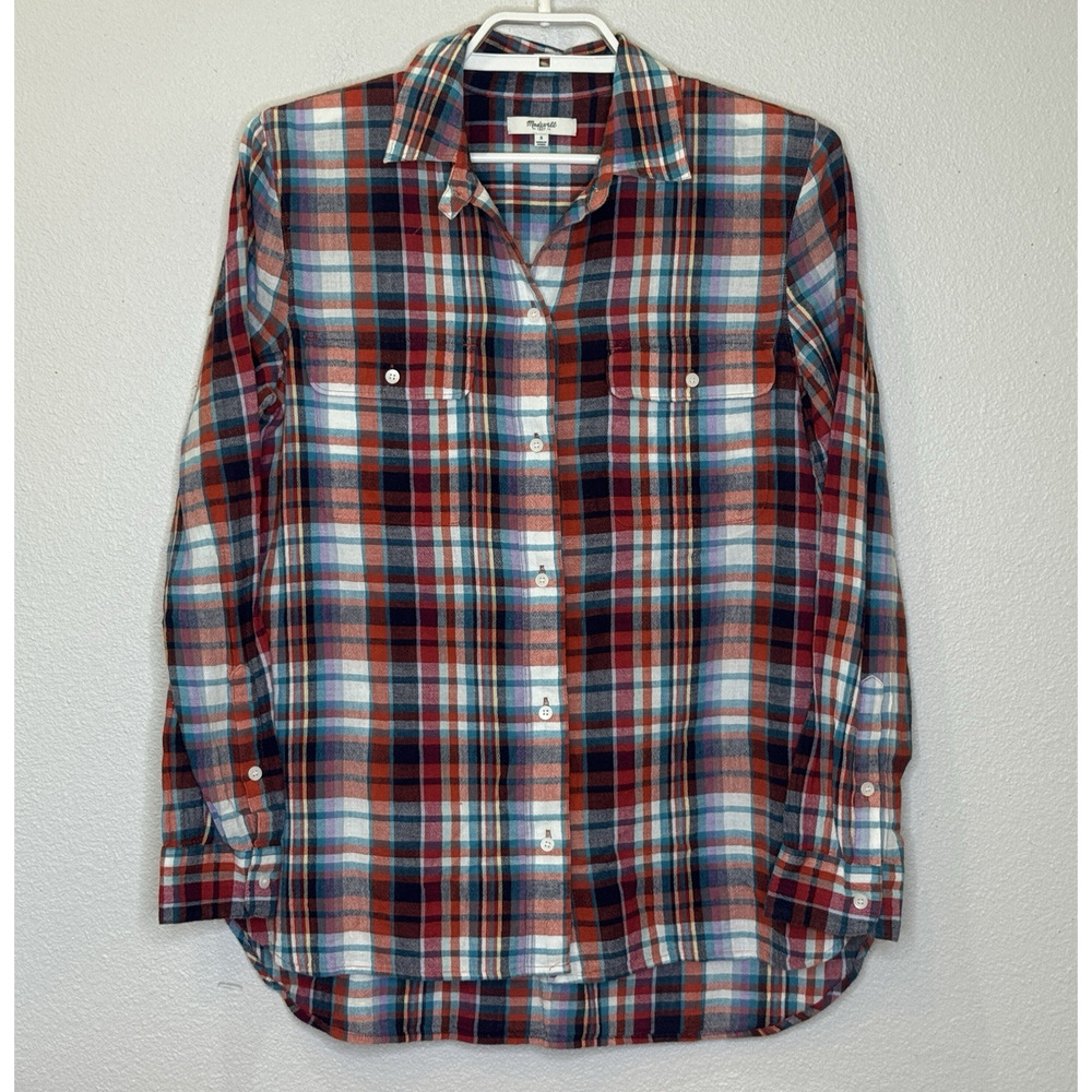 Madewell Button Down Top Women's Size Small Red Blue Plaid Long Sleeve Cotton